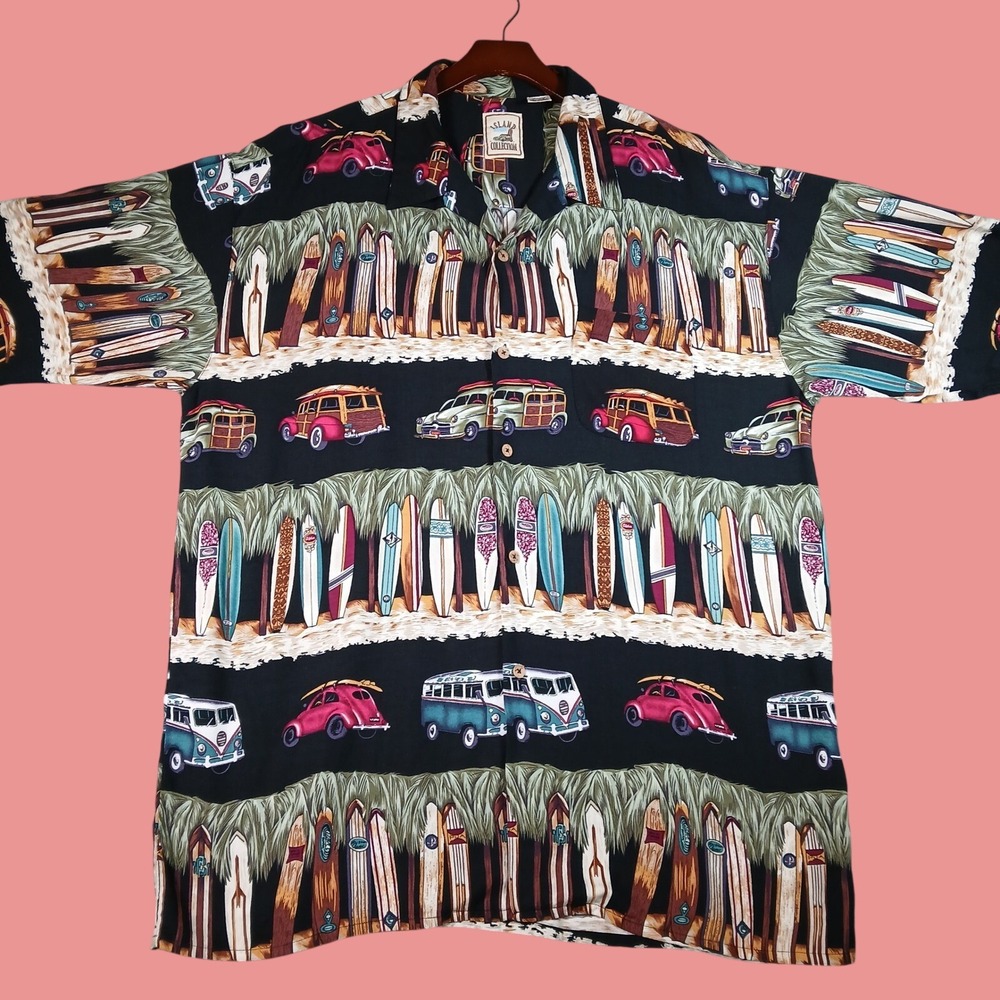 Island Collection Hawaiian Shirt Men's 2XL Woody VW Bus Rayon Black